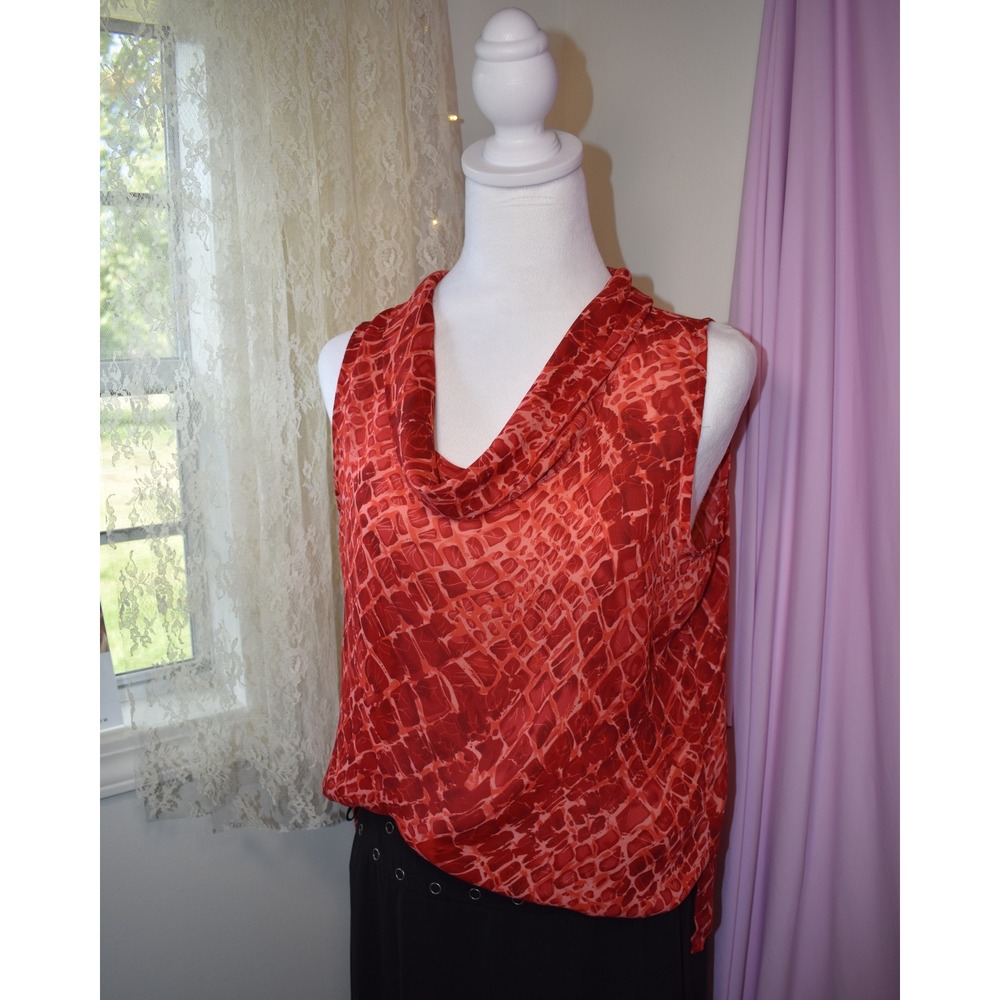 Caviar Red Abstract Mesh Print Cowl Neck Sleeveless Blouse Top Womens Medium